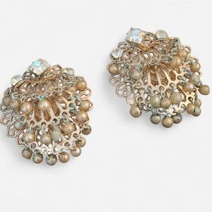 Vintage Filigree Clip-On Earrings with Rhinestone & Dangle Beads